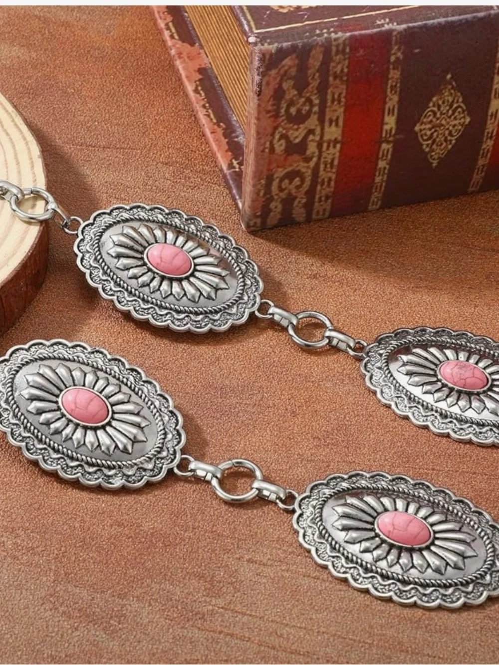 Silver-Tone Pink Stone Western Concho Belt